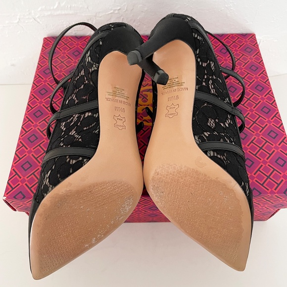 TORY BURCH Satin Lace Leather Black Pointy Toe Camellia shoes Heels pumps US 9.5 - Picture 5 of 9